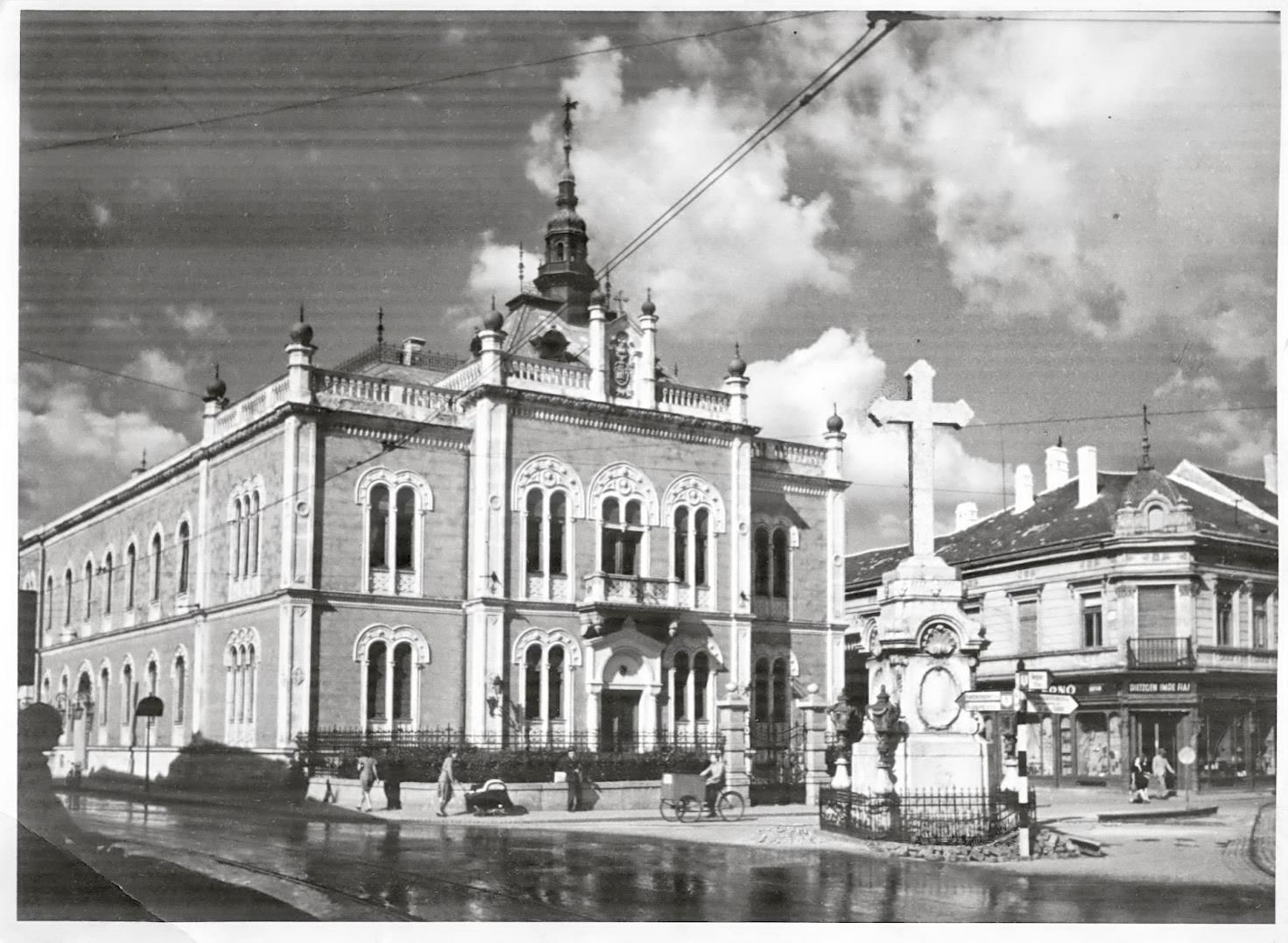 The stone cross in the foreground, Bishop's Palace, Novi Sad, 1940