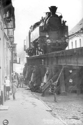 A locomotive on the viaduct over the street, Strossmayer Street, Petrovaradin, 1941-1962