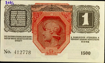 Reverse of the one-krone note, 1916, Novi Sad