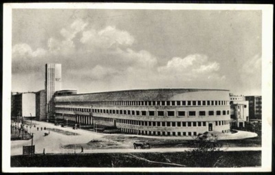 A Horse Cart Passes a Curved Modern Banovina Building, Novi Sad, Banovina Palace, 1919–1941