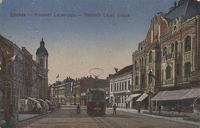 A tram past the ornate new block, Zmaj Jovina, Novi Sad, 1912