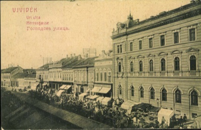 Lords' Street, with a market underway, Novi Sad, by September 1907