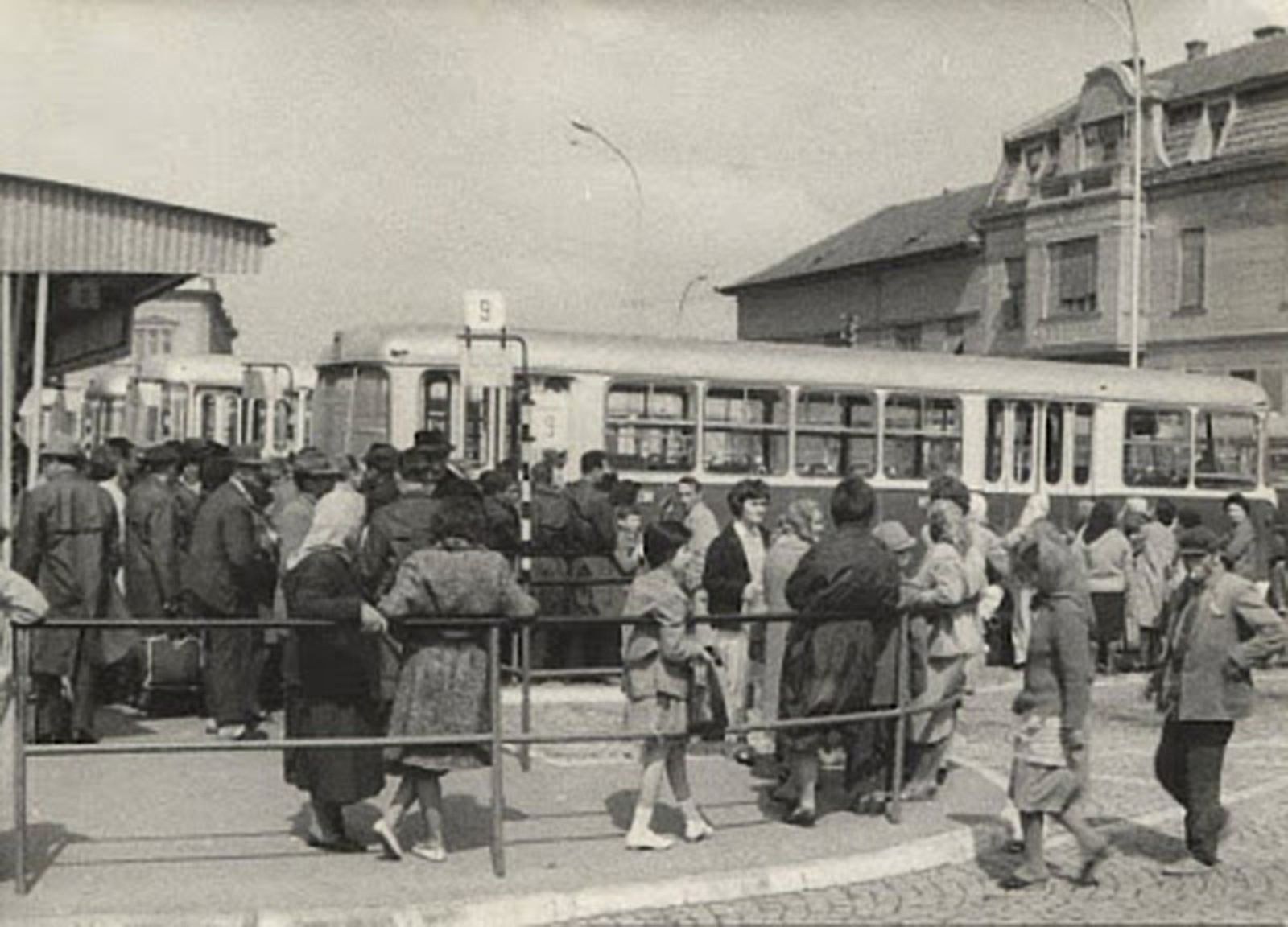Suburban bus station next to Fish Market, Fish Market Square, Novi Sad, 1970s