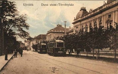 Two trams outside the courthouse, District Court, Novi Sad, 1910s