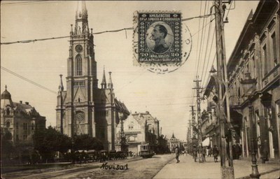 A stamp above the church spire, Liberty Square, Novi Sad, 1920