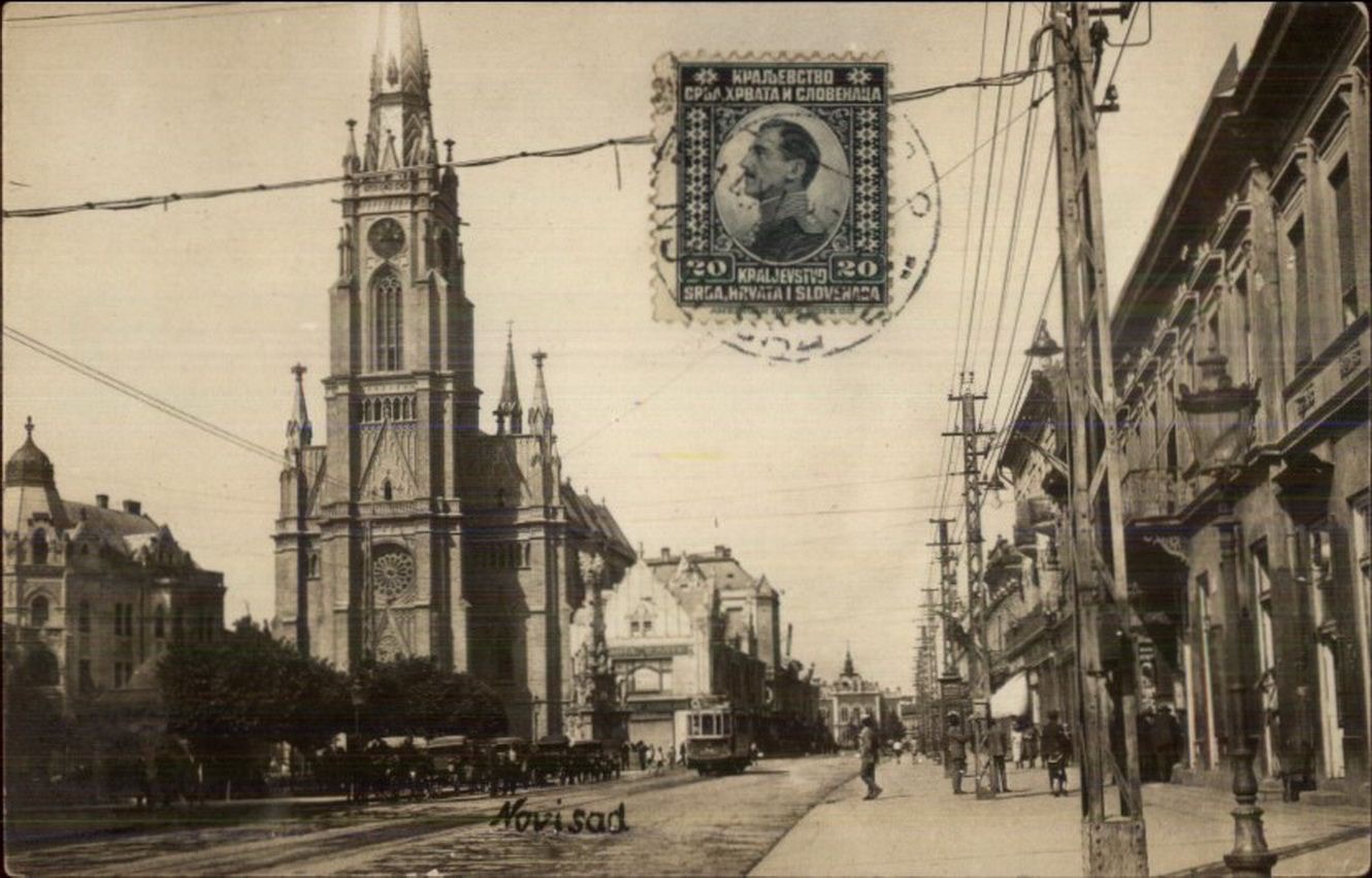 A stamp above the church spire, Liberty Square, Novi Sad, 1920