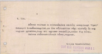 Elso Delvideki Vegyeszeti Gyar circular note on Opal shampoo, Ujvidek, Ujvidek (no street printed on this leaf), Novi Sad, 1943–1944