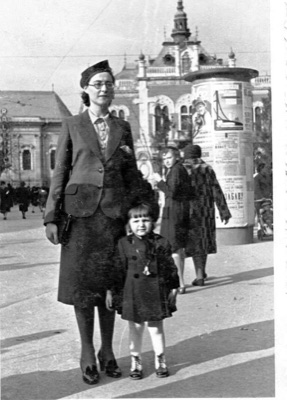 Milica Varicak and her aunt on the square, Bishop's Palace, Novi Sad, circa 1939