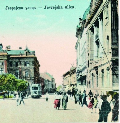 A Hand-Tinted View Down Jewish Street from the Corner, Novi Sad, 1920s–1930s