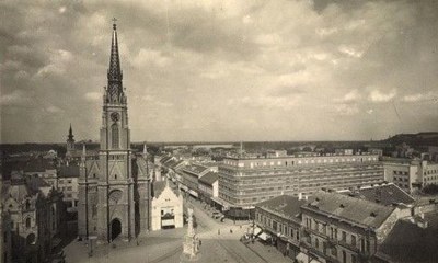 The spire seen from a rooftop, Liberty Square, Novi Sad, 1935–1947