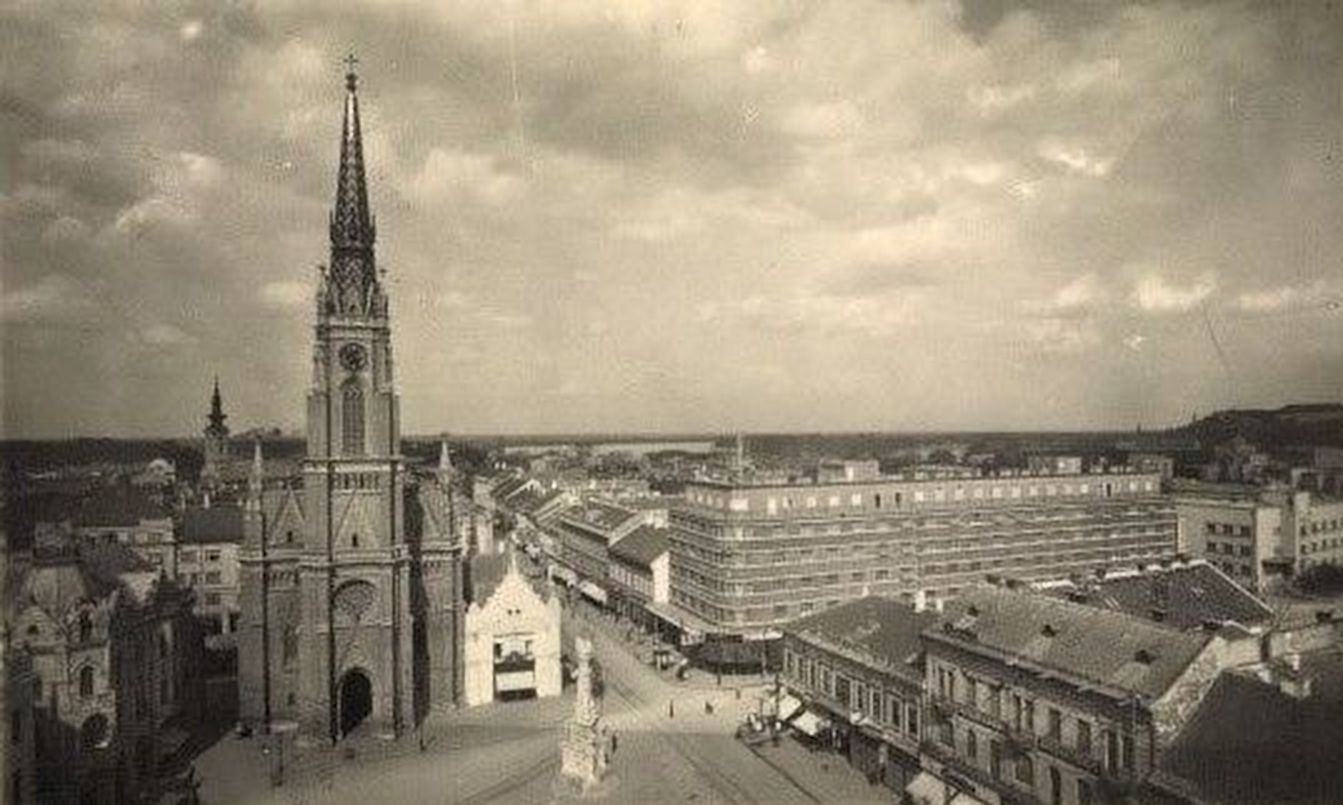 The spire seen from a rooftop, Liberty Square, Novi Sad, 1935–1947