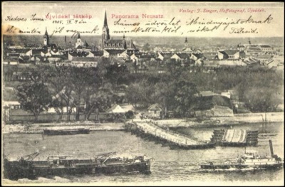 Panorama with the fortress, barges and a church spire, Pontoon Bridge, Novi Sad, by April 1905