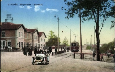 An Automobile and Tram at the Railway Station, Novi Sad, The Old Railway Station, 1896–1918