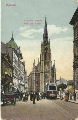 Tram before the Catholic parish church, Novi Sad, Name of Mary Church, 1896–1918