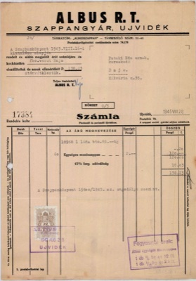 Albus Soap Factory Invoice, Novi Sad, 28 August 1943, Ujvidek (telegraph address Albusszappan, telephone 21-41, P.O. Box 70; no street printed)