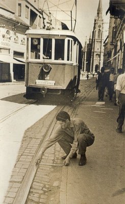 Crouching by the tram rail, Jewish Street, Novi Sad, 1930–1958