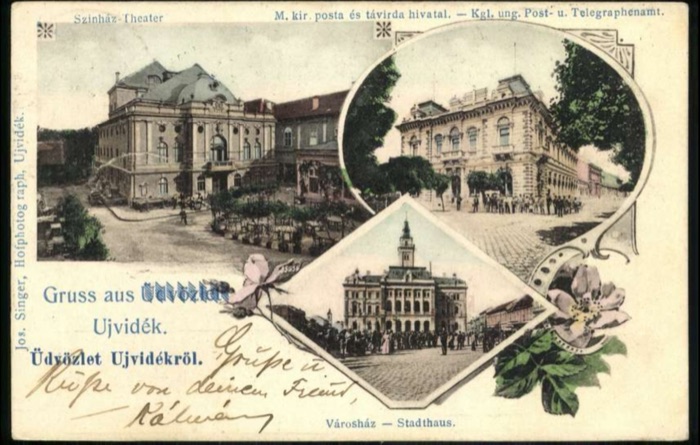Three views: the Theatre, the post office and the Town Hall, The City Theatre, Novi Sad, by January 1902