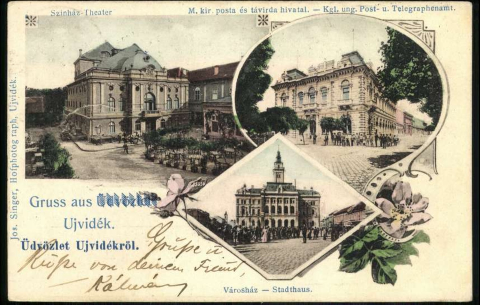 Three views: the Theatre, the post office and the Town Hall, The City Theatre, Novi Sad, by January 1902