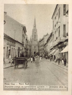 A covered wagon in the street, Rákóczi Ferenc Street, Novi Sad, 1920s