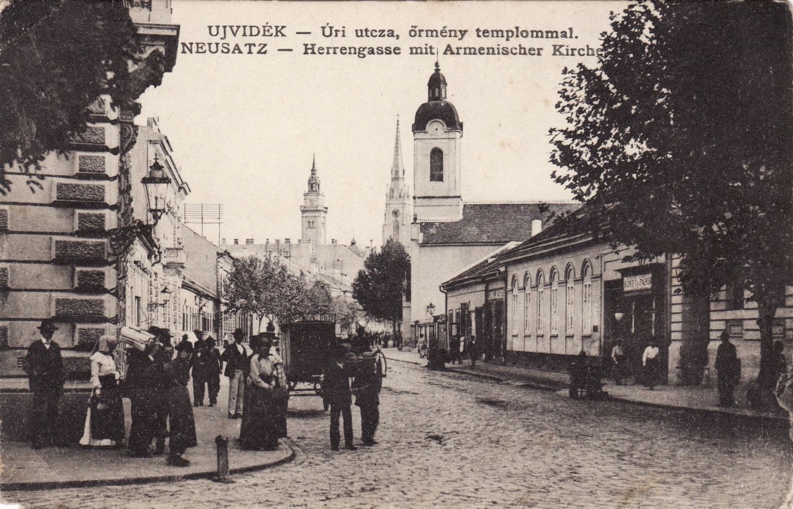 A crowd gathered at the corner, Armenian Church, Novi Sad, 1900–1914