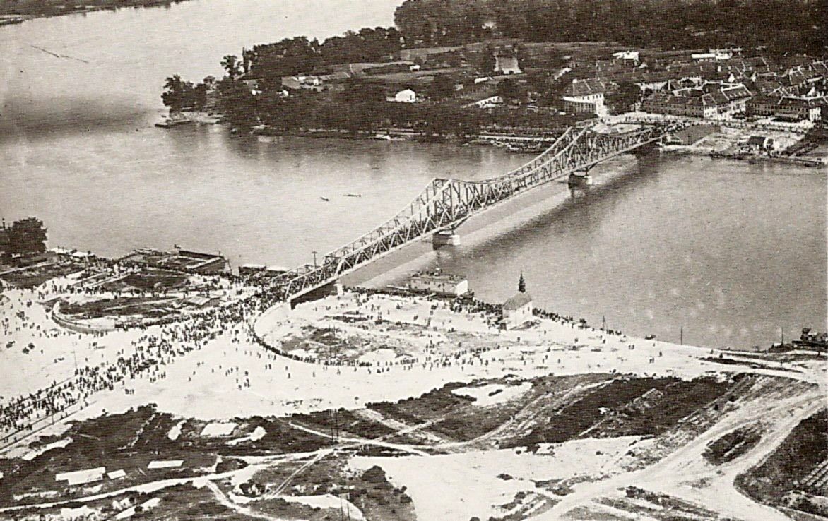 Crowds on the new bridge approach, Prince Tomislav Bridge, Novi Sad, 1928