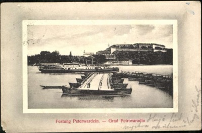 A rowboat approaches Petrovaradin Fortress, by September 1911