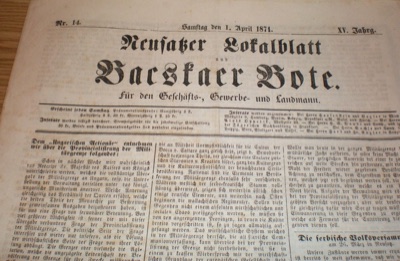 Neusatzer Lokalblatt, Novi Sad, 1 April 1871