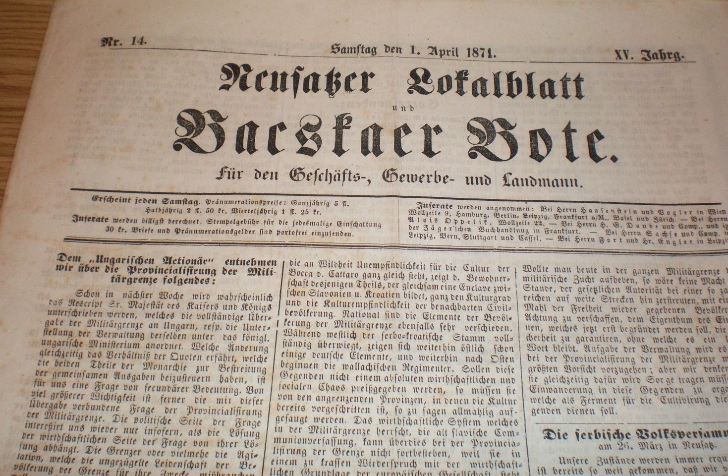 Neusatzer Lokalblatt, Novi Sad, 1 April 1871