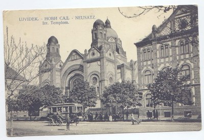 A tram and a cab at the kerb, Synagogue, Novi Sad, 1910s
