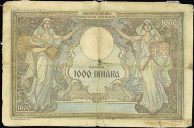 Reverse of the thousand-dinar note, 1931, Novi Sad