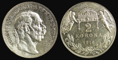 Two-korona silver coin of the Kingdom of Hungary, 1912, Novi Sad