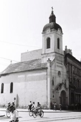 Cyclists passing the church, Armenian Church, Novi Sad, 1945–1963