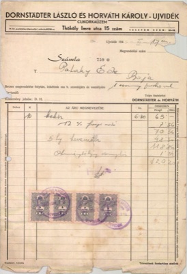 Dornstadter and Horvath Confectionery Invoice, Novi Sad, 1943, Thokoly Imre utca 15, Ujvidek