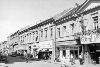 Film posters above the shops, Jewish Street, Novi Sad, 1962