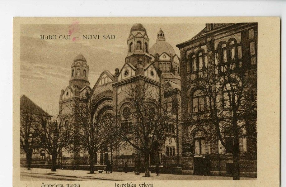 Bare winter trees along the front, Synagogue, Novi Sad, 1919–1941