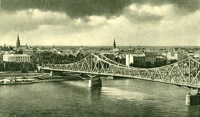 The city skyline beyond the span, Prince Tomislav Bridge, Novi Sad, 1928–1941