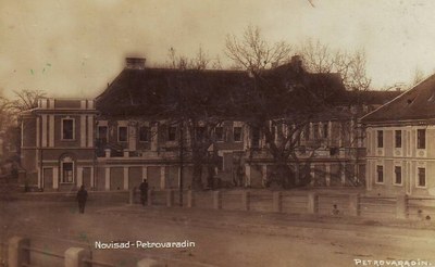 Bare trees before a long building, Petrovaradin, Novi Sad, 1941