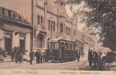 The tram with people all around, Furrier Street, Novi Sad, 1913