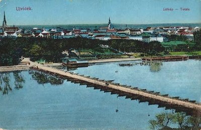 The pontoon bridge on blue water, Novi Sad, 1917
