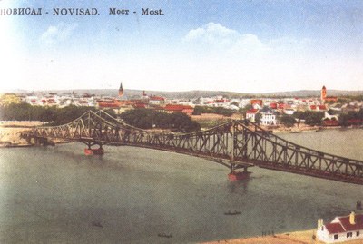 The bridge on a coloured card, Prince Tomislav Bridge, Novi Sad, 1930s