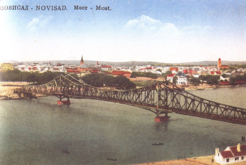 The bridge on a coloured card, Prince Tomislav Bridge, Novi Sad, 1930s