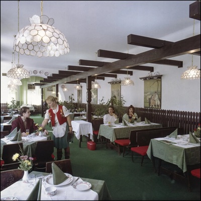 The dining room of the Piros Csizma restaurant, Hotel Orijent, Novi Sad, about 1985–1989