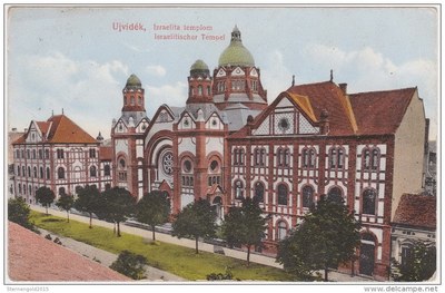 Red roofs on a coloured card, Synagogue, Novi Sad, 1915