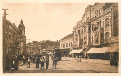 A tram before the furniture house, Menrath Palace, Novi Sad, 1911–1929