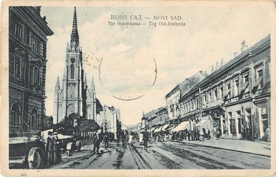 A car at the kerb by the church, Liberty Square, Novi Sad, 1926
