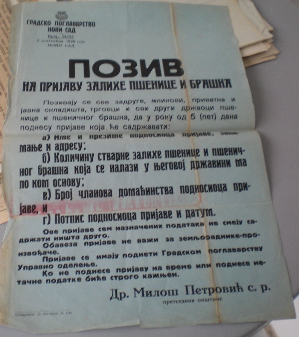 Wheat and flour registration notice, Novi Sad, 1940