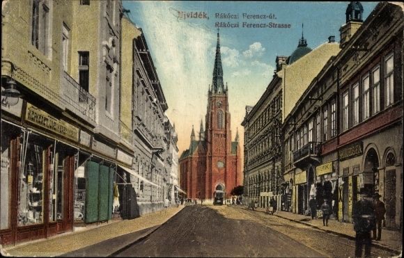 Shop windows down a coloured street, Rákóczi Ferenc Street, Novi Sad, 1916