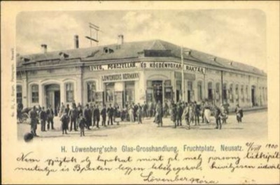 Crowd outside Hermann Löwenberg's glass warehouse, Wheat Square, Novi Sad, by August 1900