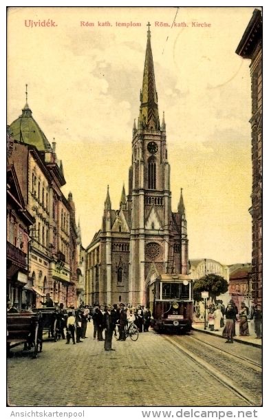 A tram below the church spire, Name of Mary Church, Novi Sad, 1916