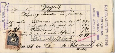 Radovanovity Peter Fashion House Memo Invoice, Novi Sad, 1914, Kossuth Lajos utca 42, Ujvidek